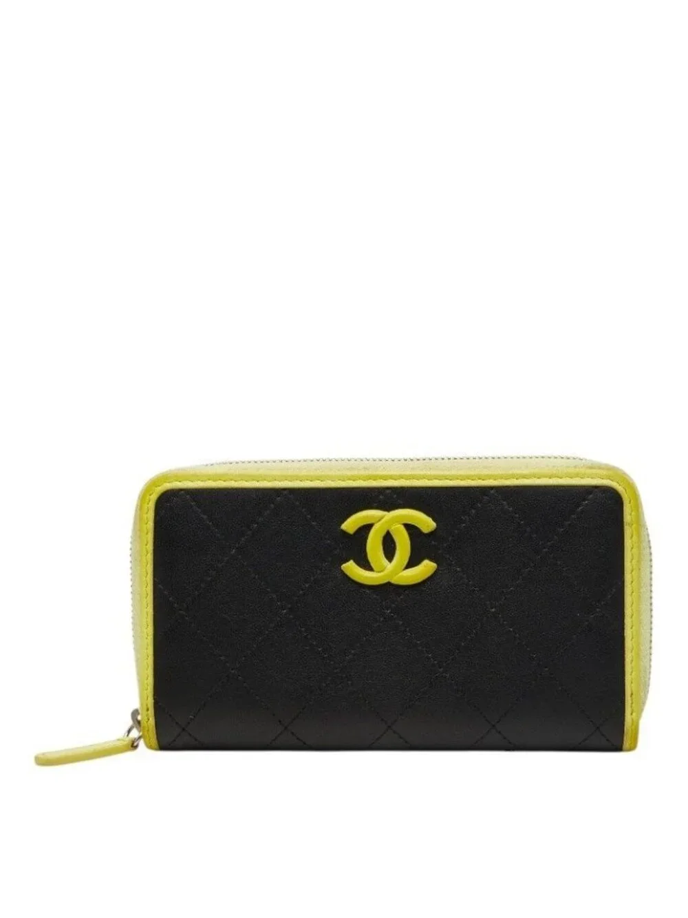 Chanel CC Logo Quilted Zip Around Wallet Black Yellow Leather